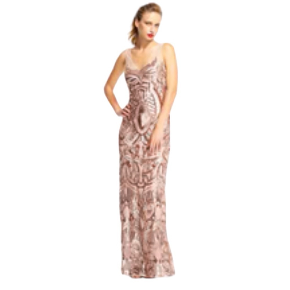 Adrianna papell sequins maxi formal dress sleeveless size 6 gold, rose gold nud